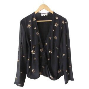 Rococo Sand Black Silk Wrap Blouse Small Gold Star Sequin Resortwear Long Sleeve